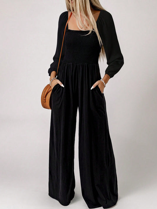 Chic Wide Leg Jumpsuit with Slant Pockets - Elegant Solid Color One-Piece for Women