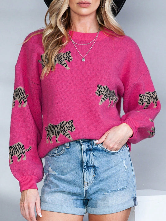 Chic Leopard Drop Shoulder Knit Sweaters - Trendy Casual Animal Prints