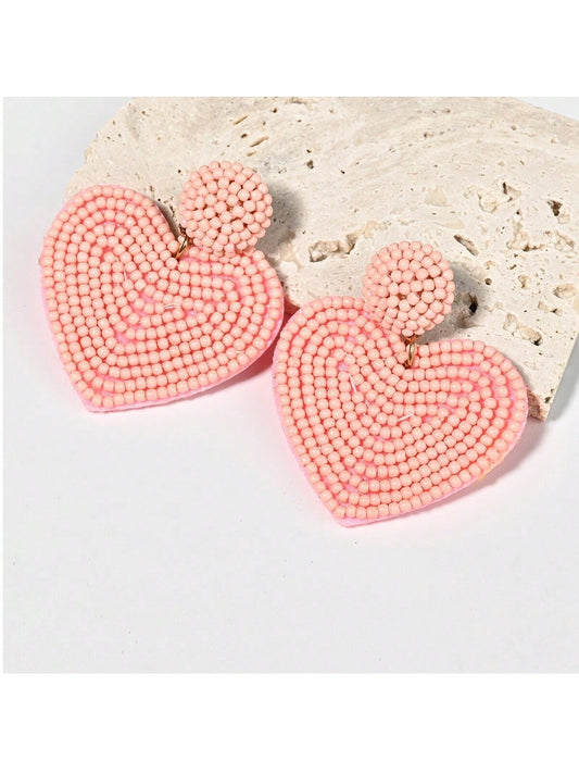 Boho Heart Dangle Earrings - Handcrafted Seed Bead Statement Jewelry